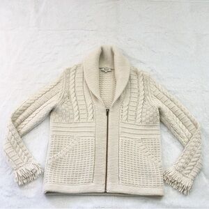 Madewell Cream Chunky Knit Zip Jacket with Fringe Cuffs, size small
